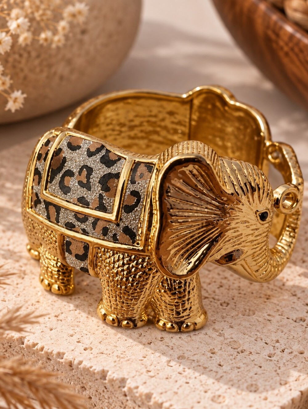 Golden Leopard Safari Statement Elephant Hinged Cuff Bracelet NWOT